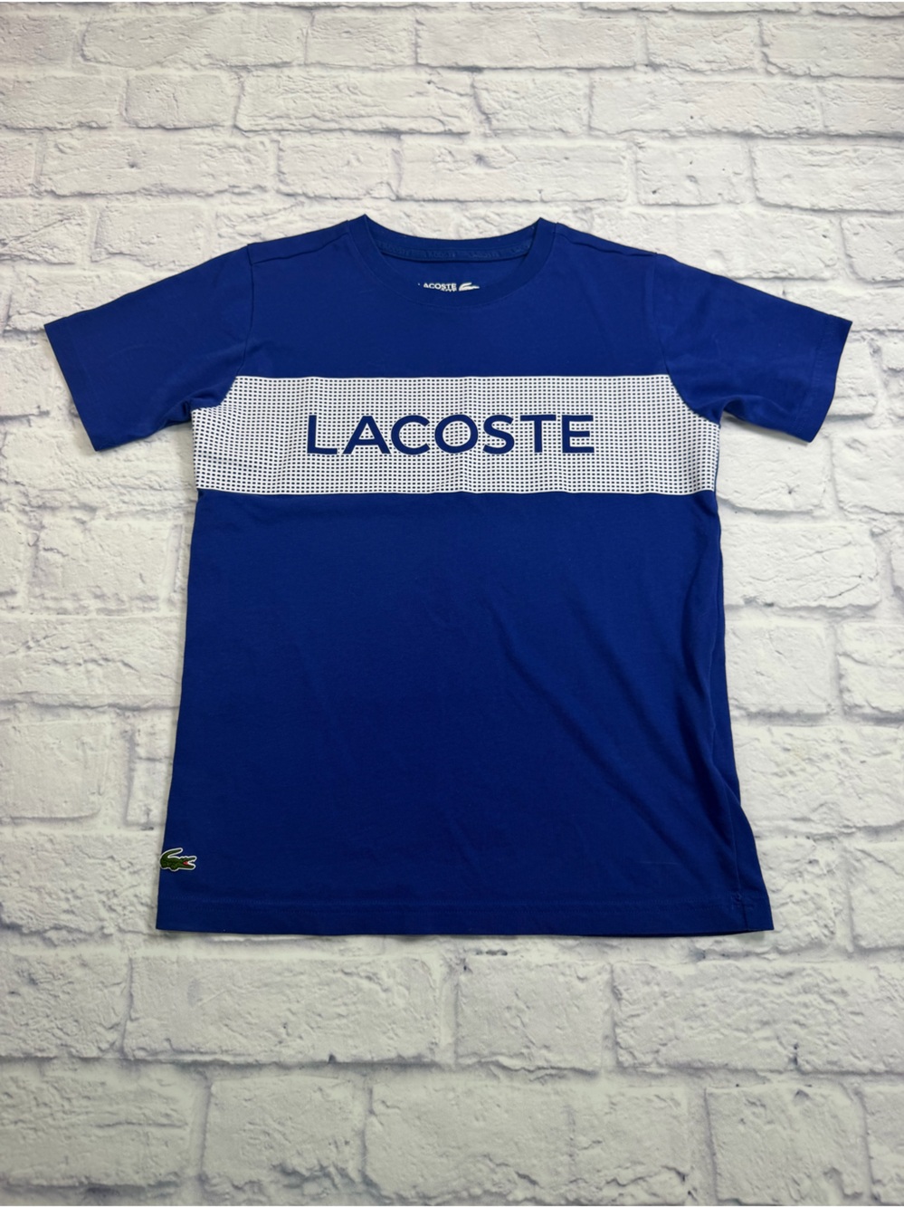 Lacoste Boys Royal Blue Short Sleeve Logo Tee with White Panel. Size 10